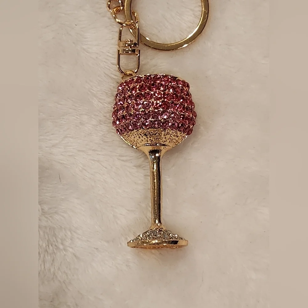 Wine Glass Pink and Gold Rhinestone Keychain Bag Charm
